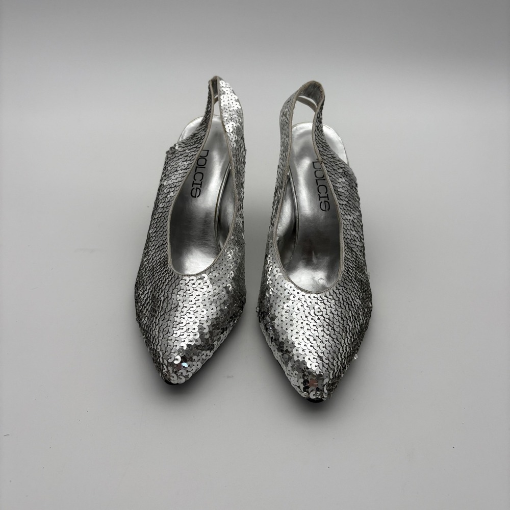 Dolcis Shoes Womens Size‎ 8B Silver Sequin Slingback Pointed Toe Heels Dressy